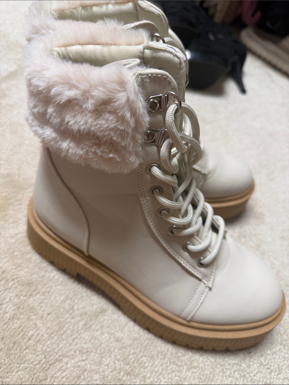 Qupid Cream Lace-Up Faux-Fur Ankle Boots with Tan Sole